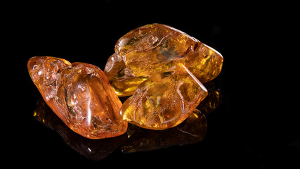 Three glittering old yellow-orange Baltic amber stones on a black background. One of them has plant inclusion. Material for jewelers, amber texture. 