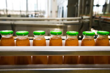 Production line of juice on beverage plant or factory