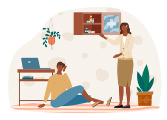 Male character hit his head and sat on floor while woman is searching first aid kit to help. Female character is looking for medication for injured man. Flat cartoon vector illustration