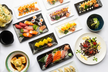 Traditional Japanese food top view on white background, Sushi, Sashimi, Tofu, Gyoza.