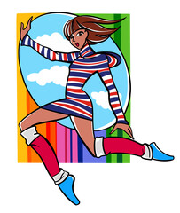 Vector colorful fashion illustration of young beautiful girl, running, making fitness exercise, aerobics, caring about wellness, healthy life style, on rainbow background.