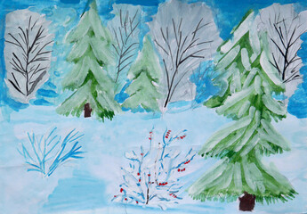 Children's drawing paints winter has come. Winter forest, 
blizzard and lot of snow.