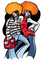 Vector colorful fashion illustration of pair of standing beautiful young hipster or hippie women, wearing jeans, tops and big fur hats, with red bag, hugging each other.