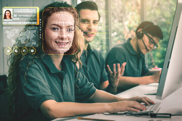 Facial recognition technology scan and detect people face for identification . Future concept interface showing digital biometric security system that analyze human face to verify personal data .