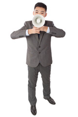 Fototapeta premium Portrait of young Businessman shouting into megaphone 