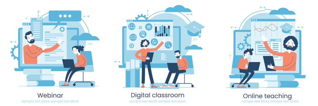 Online learning concept. Internet classes. Online learning metaphors. Educational webinar. Online teacher. Webinar. Digital class.