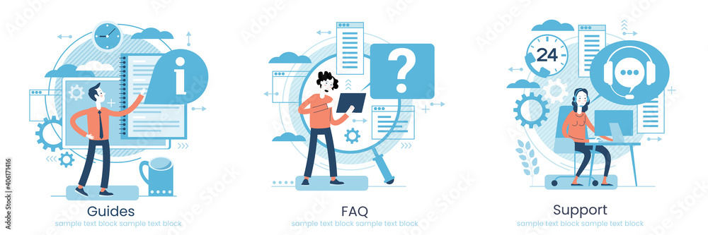 Poster website menu help concept. online guides. support landing page sections. frequently asked questions.