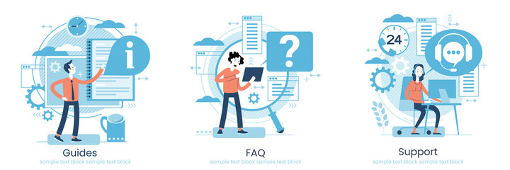 Website menu help concept. Online guides. Support landing page sections. Frequently asked Questions. Metaphor contact us. Help user interface.