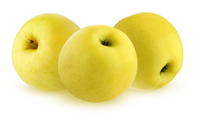 three yellow apples, isolated on a white background with a clipping path.