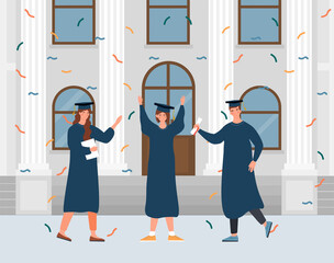 Male and female characters celebrating graduation ceremony. Hapy graduated students are standing with hands up in front of the university. Flat cartoon vector illustration