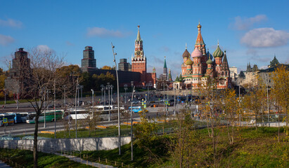October 22, 2017 Moscow, Russia. View of St. Basil's Cathedral and the restored towers of the Moscow Kremlin.