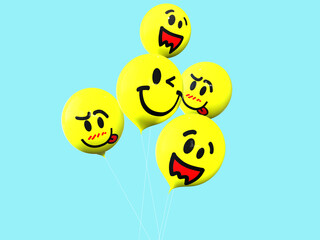 3D RENDER ILLUSTRATION. funny face cartoon character happy yellow balloon smile icon emotion. CLIPPING PATH OBJECT on isoleted colorful background. Cute art balloons floating in air sky concept design