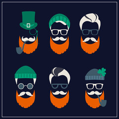 Saint Patrick's Day set of characters leprechaun with green hat, red beard, smoking pipe, and glasses