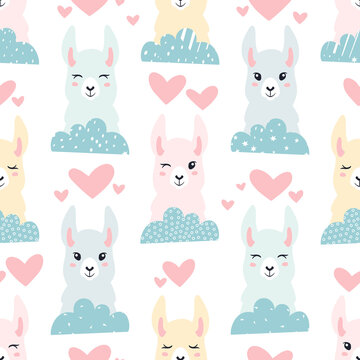 Seamless pattern of llama, clouds and hears. Great for fabric, textile. Vector background.