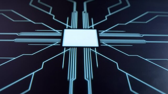 Human finger is pressing a digital button on a glowing touchscreen. Futuristic microprocessor is starting the operation of the computer program. Machine learning and artificial intelligence.