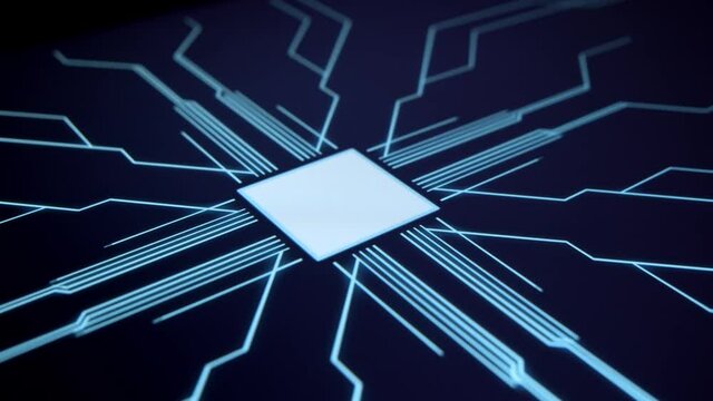 Human finger is pressing a digital button on a glowing touchscreen. Futuristic microprocessor is starting the operation of the computer program. Machine learning and artificial intelligence.