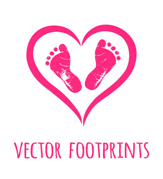 I love you.Pink vector baby footprints silhouette print design. Footsteps in outline heart frame shape. Baby shower decor. New born sign icon.It's a girl.Abstract love symbol. Vinyl wall sticker decal