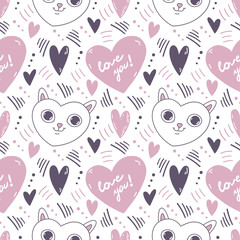 Seamless vector pattern with hearts and cats. Black and pink background on the theme of love. Cute and romantic doodle style ornament for wrapping paper, fabrics, design, printing and more.