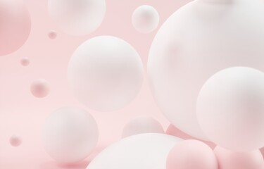 Abstract colorful balls. Candies fly in zero gravity. Chaotic scatter confetti spheres. Pink Festive party illustration. 3d Chewing gum bubbles. Dynamic bouncing balls and copy space for text