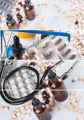Collage of pharmaceutical medicine pills and bottles