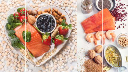 Collage of healthy fat sources. Healthy dieteating concept.