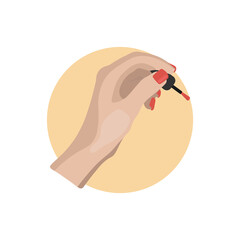 Female hand with painted nails, red manicure symbol. Sticker in a circle, for nail bar ,beauty salon,manicurist sticker and social media .