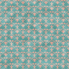 Damask foil texture seamless pattern blush pink leaves teal background