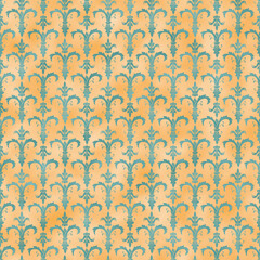 Damask foil texture seamless pattern teal leaves gold background