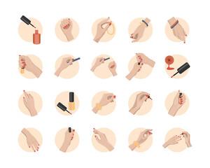 Nail and hand care illustration set. Elegant female hands with different nail polish. Manicure icon set.