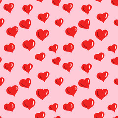 Seamless background with red hearts on pink background, for Valentine's Day.