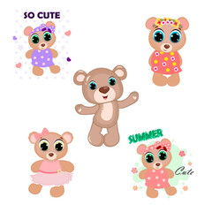 Vector illustrations. Cartoon cute set baby bears. Lettering.Perfect for greeting cards, party invitations, posters, stickers, pin, scrapbooking, icons.