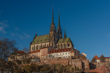 Fototapeta premium Cathedral in Brno city in south Moravia region in blue sky sunny winter day