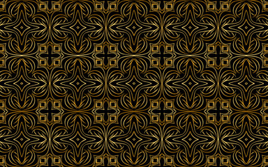 Ethnic oriental art ornament. Stylish texture with gold pattern. Geometric black background for wallpaper, wrapping paper, textile, fabric, website, stained glass decor.