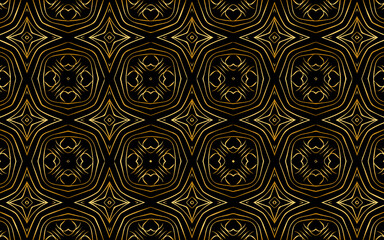 Ethnic artistic ornament with hearts. Texture with gold pattern. Geometric black background for wallpaper, wrapping paper, textile, fabric, website, stained glass decor.