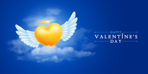 Golden realistic angel heart with white wings flies above the clouds on blue sky background. Happy Valentines day greeting card conceptual design. Vector illustration EPS10.