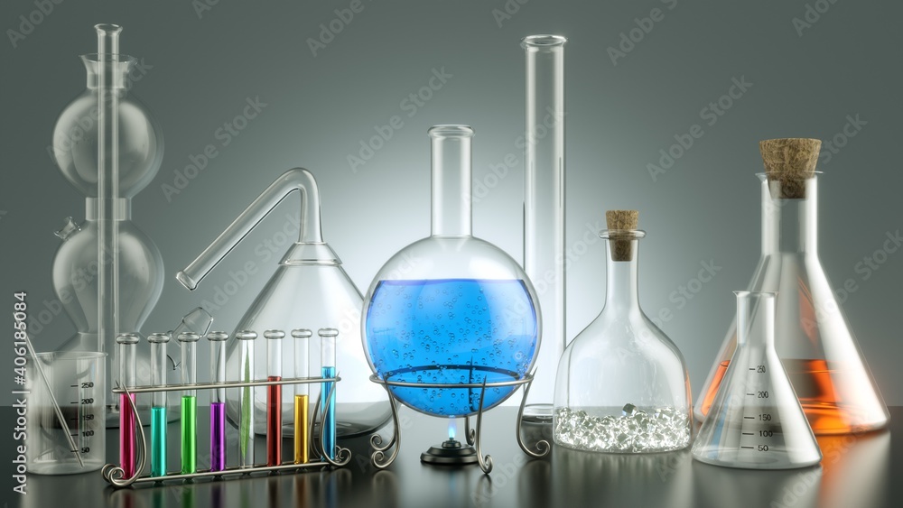 Wall mural laboratory transparent glassware instruments. empty equipment for chemical lab in realistic style. b