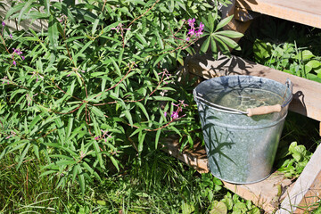 Metall bucket with clear water on wooden stairs