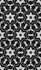 Fototapeta premium Seamless black background with gray ornament, geometric shapes, six-pointed star and lines.