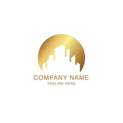 Vector logo concept for accounting or real estate company. Logo design with commercial building and chart bars. Business logo idea. luxury gold