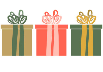 Set of three colorful gift boxes decorated with ribbon and stripes. Flat style concept of decorations for card, cover, sticker, app, web, wrapping papper. Creative design of presents in trendy colors