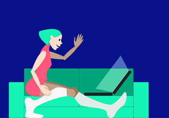 Vector illustration - a pretty girl in white socks sitting on a blue sofa and communicating on the Internet through a laptop and a copy space. The concept of remote communication and work