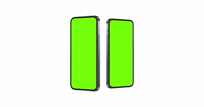 Smartphones Animated Mockups with Green Screens, Side Perspective View, Isolated on White Background