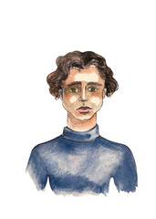 Portrait of an unhappy young guy and skin disease vitiligo in a blue sweater. Watercolor hand painted illustration in cartoon style isolated on a white background.