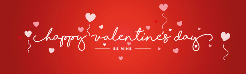 Naklejka premium Happy Valentines Day white handwritten typography lettering red pink hearts banner