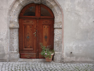 Braune alte Türe in Mauerbogen mit Pflanzenkübel