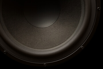 A fragment of a powerful bass speaker. Dark tone subwoofer.