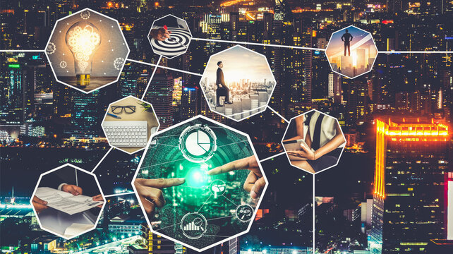 Business network web banner photo set in concept of management and growth by using corporate teamwork and people networking skills .