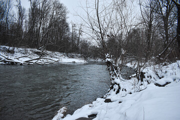 Winter river with snow, Odra river