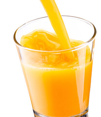 Orange juice pouring into glass isolated on white background