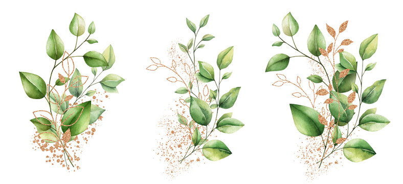Set of watercolor floral illustration isolated on white background. Bouquet of plants, eucalyptus, olives, trees, branches, gold elements and paint splashes. Hand draw Trendy template